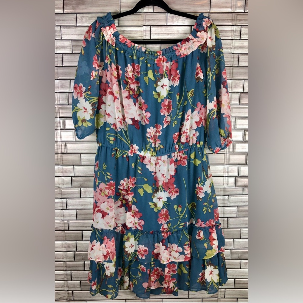 Roz & Ali Blue and Pink Floral Ruffled Spring Summer Dress Size:X-Large